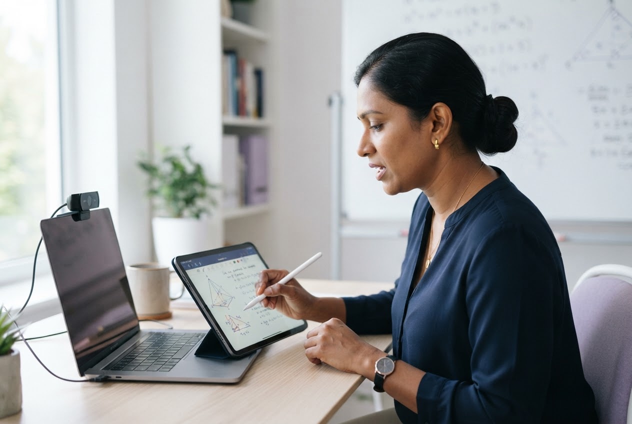 A NOVA teacher explaining a maths diagram during an online lesson