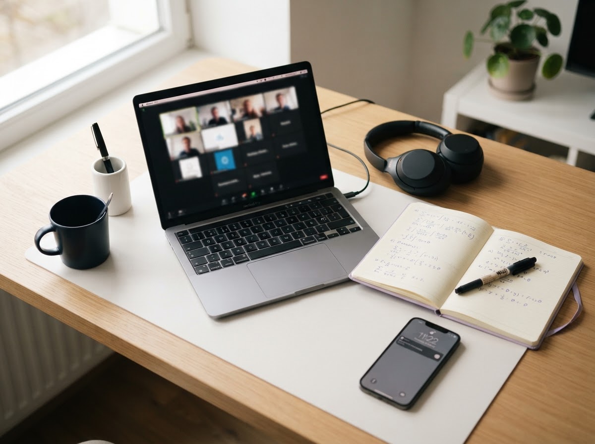 A study desk with a laptop showing an online video class, headphones and a maths notebook
